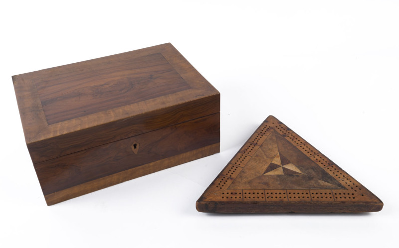 A triangular Australian timber cribbage board and a timber deed box, 19th century, (2 items), ​the box 13cm high, 32cm wide, 24cm deep