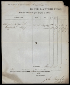 ELIZABETH DAVIS, LEFT A PAUPER FOLLOWING HER HUSBAND'S CONVICTION March 18th, 1844 printed form from The Guardians of the Poor of the Atherstone Union, about the cost of keeping Elizabeth Davis, a pauper from Tamworth.