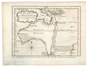 JACQUES BELLIN: "Carte Reduite Des Terres Australes, Par le Sr Bellin....", [Paris, 1753], lovely map showing hypothetical east coast of Australia, being the Dutch edition of 1758, 36x25cm.