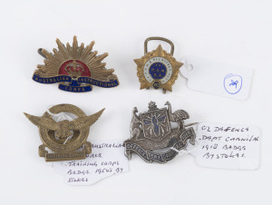 BADGES: Defence Department Carnival 1918 badge; Australian Instructional Corps – Officer's Bronze and Enamel Hat Badge (1921 – 55); Royal Australian Air Force Training Corps badge (by Stokes); Ex-P.O.W. Relatives Association gilt metal and enamel badge (b