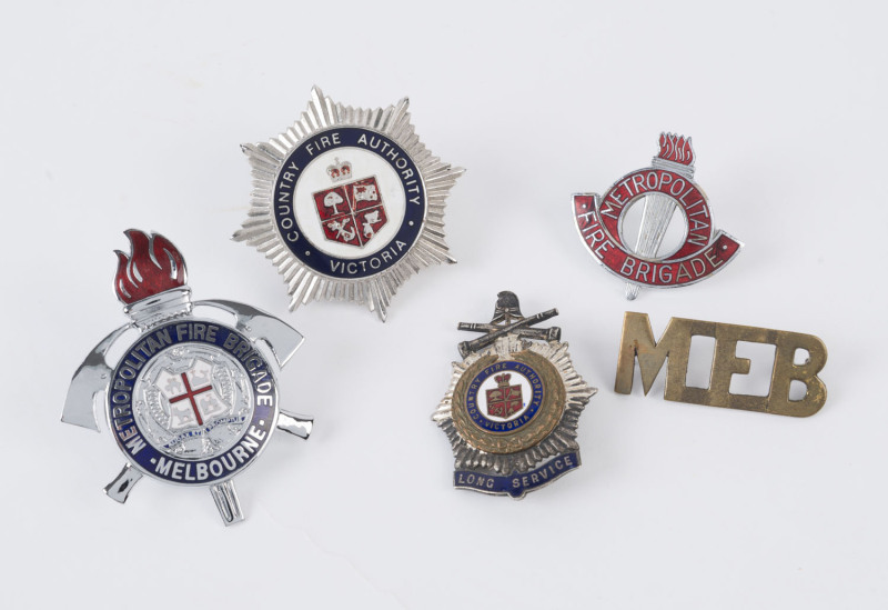 FIRE BRIGADE BADGES: Victorian Country Fire Brigade LONG SERVICE brass & enamel badge; Metropolitan Fire Brigade badge (by Stokes); Country Fire Authority Victoria badge (by Nichol) & Melbourne Metropolitan Fire Brigade badge (by Bertram), M.F.B. collar b