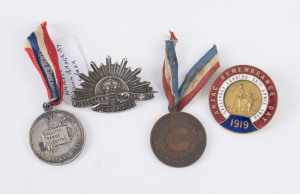 BADGES & MEDALETTES: 1916 Department of Education Victoria bronze ANZAC medal; 1918 Department of Education Victoria silver ANZAC Day medal; 1919 ANZAC Remembrance Day badge (by Stokes); sterling silver nurses' rising sun badge (by Luke). (4 items).