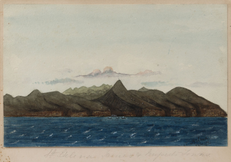 A JOURNEY ON BOARD THE "MELBOURNE": A group of small watercolour paintings; one titled "Our first view of the African Ranges, April 3rd 1886, ship Melbourne"; another "St Helena, from ship Melbourne, April 22, 1886", another titled verso "At the Western I