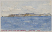 A JOURNEY ON BOARD THE "MELBOURNE": A group of small watercolour paintings; one titled "Our first view of the African Ranges, April 3rd 1886, ship Melbourne"; another "St Helena, from ship Melbourne, April 22, 1886", another titled verso "At the Western I - 2