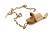 WILLIAM DRUMMOND & Co. 15ct gold antique combination sovereign vesta case with 15ct gold fob chain, late 19th century, the case 8cm high, 83.5 grams total - 2