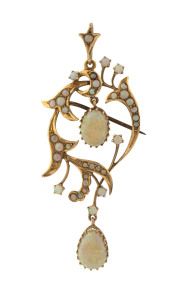 WILLIAM DRUMMOND impressive antique 15ct yellow gold brooch set with 35 solid opals, 19th century, stamped "W.15.D", ​6.5cm high ​