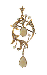 WILLIAM DRUMMOND impressive antique 15ct yellow gold brooch set with 35 solid opals, 19th century, stamped "W.15.D", 6.5cm high 