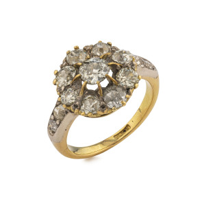 A stunning antique diamond cluster ring, approximately 1.4ct total, set in yellow gold, 19th century, stamped (illegible), 3.5 grams total