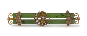 WILLIAM DRUMMOND antique bar brooch, New Zealand greenstone and 9ct gold set with seed pearls, 19th century, stamped "W.9.D', ​5.5cm wide