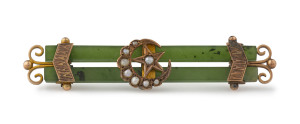WILLIAM DRUMMOND antique bar brooch, New Zealand greenstone and 9ct gold set with seed pearls, 19th century, stamped "W.9.D', 5.5cm wide