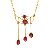 DUMBRELL 9ct gold and red stone necklace in the Art Nouveau style, Melbourne, early to mid 20th century, pendant section 4.5cm high, 4.3 grams