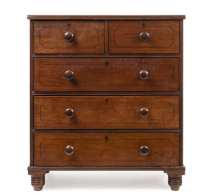 A Georgian Anglo-Indian chest of four drawers with reeded edge, solid teak construction with beehive legs, circa 1810, 97cm high, 86cm wide, 45cm deep