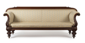A Colonial settee, Australian cedar, New South Wales origin, mid 19th century, remains of label and inscription on the base. Purported to have been the property of Mrs Aeneas Gunn, famed literary author of "We of the Never Never". 88cm high, 229cm wide, 70cm deep