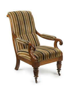 A Colonial Australian blackwood armchair with later green striped velvet upholstery, Tasmanian origin, circa 1840, 103cm high, 65cm across the arms