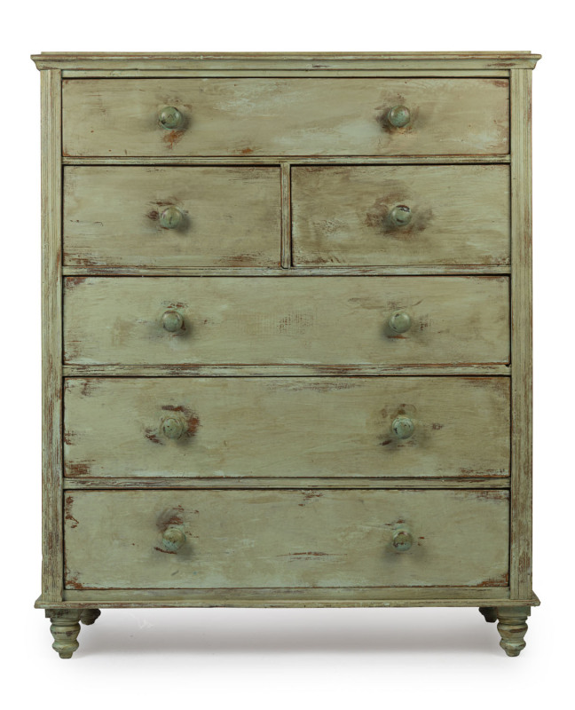 An antique chest of six drawers with Depression Era green painted finish, circa 1890s, ​139cm high, 117cm wide, 44cm deep