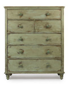 An antique chest of six drawers with Depression Era green painted finish, circa 1890s, 139cm high, 117cm wide, 44cm deep