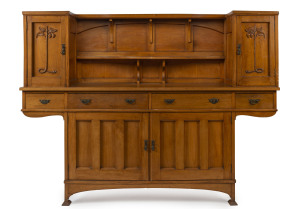 Australian Arts & Crafts sideboard with carved panels, ash and pine, circa 1910, 162cm high, 215cm wide, 55cm deep