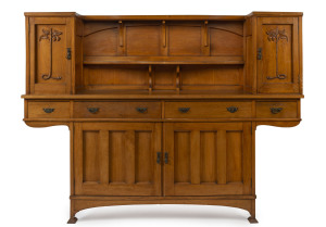 Australian Arts & Crafts sideboard with carved panels, ash and pine, circa 1910, ​162cm high, 215cm wide, 55cm deep