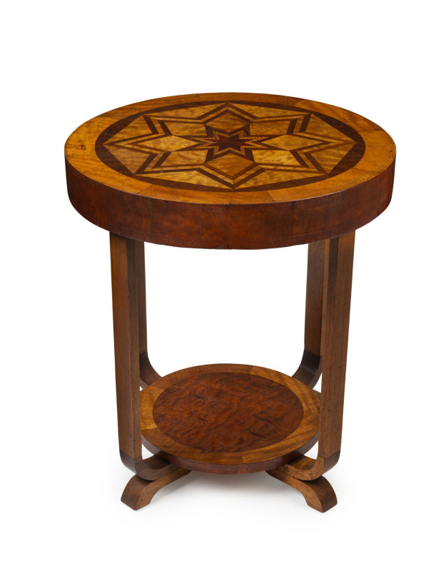 An Australian Art Deco circular table with inlaid top, Queensland origin, circa 1930s, 61cm high, 55cm diameter