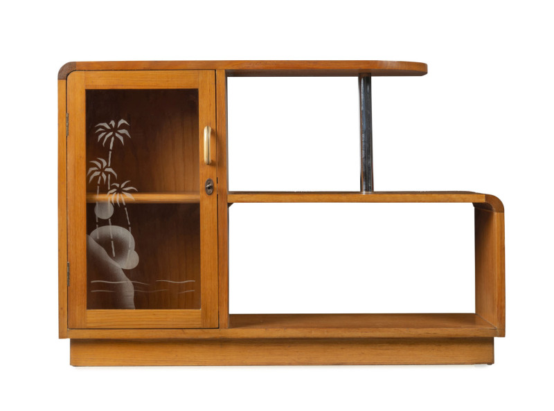 An Australian Art Deco step bookshelf, hardwood and chrome with acid etched glass, circa 1930s, 69cm high, 102cm wide, 24cm deep