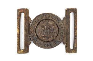 "HER MAJESTY'S CONVICT DEPARTMENT" buckle, cast brass with remains of gilt finish, early to mid 19th century, rare, ​6 x 8cm