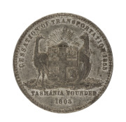 "CESSATION OF TRANSPORTATION 1853 / TASMANIA FOUNDED 1803" (58mm) in white metal by the Royal Mint London,  