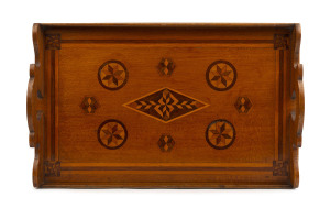 JOHN MASON rare Australian serving tray made from silky oak and inlaid with various Queensland forest timbers including Queensland maple and walnut, cedar, honeysuckle, blackbean and others, Maryborough, Queensland, late 19th century, 60cm across the hand