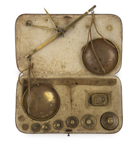 "MINER'S COMPANION" gold scales and assorted weights in original red leather case, 19th century, ​the case 19cm wide