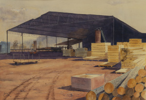 HARVEY HALL (Australian) Furniture Mill, watercolour on board, signed and dated "'82" lower left,