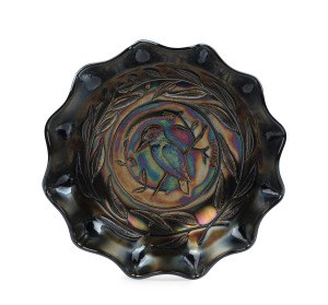 CARNIVAL GLASS cobalt "Kingfisher" fruit bowl, circa 1920s, ​6.5cm high, 23.5cm wide