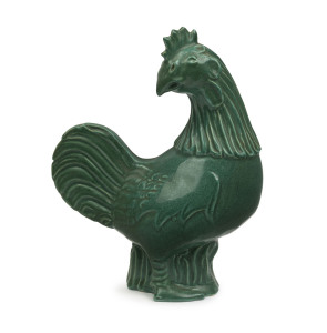 KLYTIE PATE green glazed pottery rooster statue, incised "Klytie Pate, 479", ​20cm high