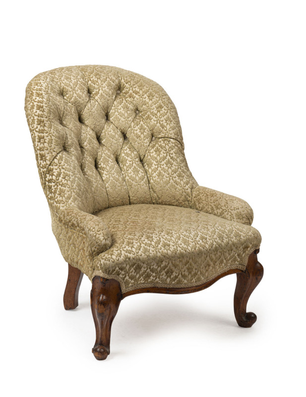 A Colonial parlour chair, carved cedar frame with jacquard upholstery, circa 1875, ​59cm across the arms