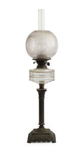 An antique banquet lamp, cast metal Corinthian base, faceted crystal font, white button double burner and original acid etch shade and chimney, 19th century, 77cm high overall