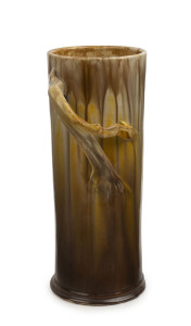 REMUED pottery cylindrical vase with applied branch handle, incised "Remued Handmade, 145/12", an impressive 31cm high, 16cm wide