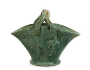 UNA DEERBON pottery basket with applied grapes and leaves plus branch form handle, incised "Una Deerbon", 16cm high, 20cm wide