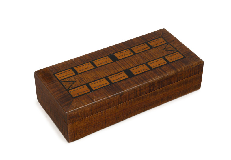 An Australian cribbage top games box, fiddleback blackwood, musk, ebony and pine, circa 1900, 6cm high, 24cm wide, 11cm deep