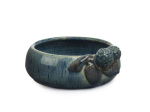 MERRIC BOYD blue glazed pottery bowl with applied berries and leaves, incised "Boyd, 1931" with gumleaf and impressed "Boyd Australia", 5cm high, 13.5cm wide