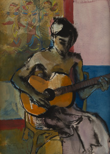 DONALD FRIEND (1915-1989), The Guitar Player By The Sea, watercolour and ink, titled and signed lower left "Donald Friend, Bali", 85 x 55cm