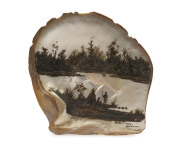 A folk art painted pearl shell with Queensland Aboriginal scene, titled lower right "Burnett River, Queensland", 19th century, ​20 x 19cm