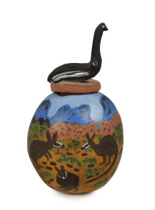HERMANNSBURG pottery jar, hand-painted with animals in landscape with bird lid, 21cm high