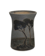 MERRIC BOYD & DORIS BOYD rare pottery vase with hand-painted and sgraffito landscape scene, incised "Merric Boyd, Decoration By Doris Boyd", 14cm high, 10.5cm wide