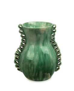 UNA DEERBON green glazed pottery vase with applied frill decoration, incised "Deerbon", ​21cm high, 18cm wide