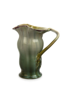 REMUED pottery jug with branch handle, rare shape, incised "Remued 38", 20cm high, 18cm wide