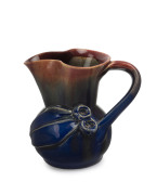 REMUED pink and blue glazed pottery jug with applied gumnuts and leaf with branch handle, incised "Remued Hand Made 118 M", ​11.5cm high, 12.5cm wide