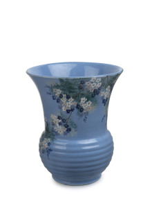 DAISY MERTON hand-painted blue pottery vase for NEWTONE POTTERY in Sydney, stamped "Newton Pottery Sydney, Hand Painted", 20cm high, 17cm diameter