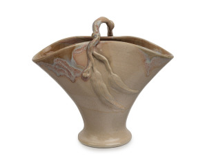 KATE & FRITZ JANEBA pottery basket vase with applied gum blossom, leaves and branch handle, incised mark (partially legible), 22cm high, 23cm wide