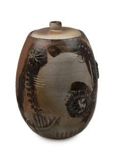 JOHN GILBERT large pottery canister with lid, incised "Gilbert", 37cm high, 25cm wide