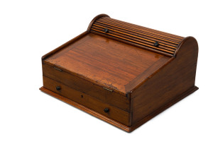ANDREW LENEHAN (attributed) rare writing box with tambour top, Australian cedar, Sydney, circa 1850, makers stamp inside (illegible), 23cm high, 42.5cm wide, 41cm deep.