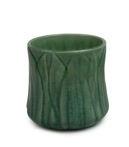 MELROSE WARE green glazed pottery gum leaf vase, stamped "Melrose Ware, Australian", 10.5cm high, 11cm wide