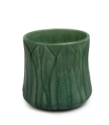 MELROSE WARE green glazed pottery gum leaf vase, stamped "Melrose Ware, Australian", 10.5cm high, 11cm wide